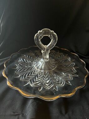 Clear Glass Single-Tier Server with Decorative Handle - Clear with Gold trim
